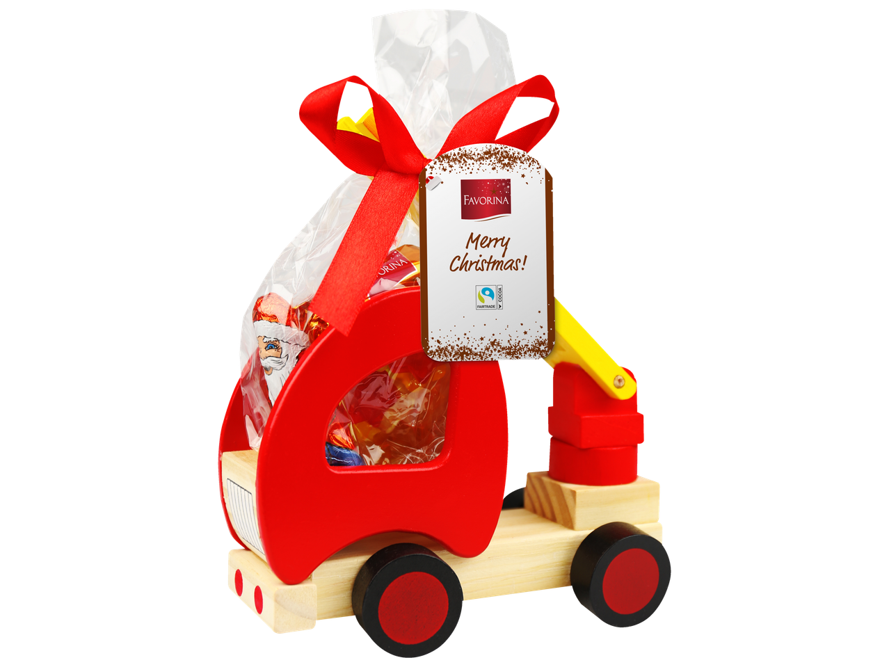 Favorina koka rotaļlieta ar saldumiem, sarkana kravas automašīna ar Ziemassvētku dāvanu birku.