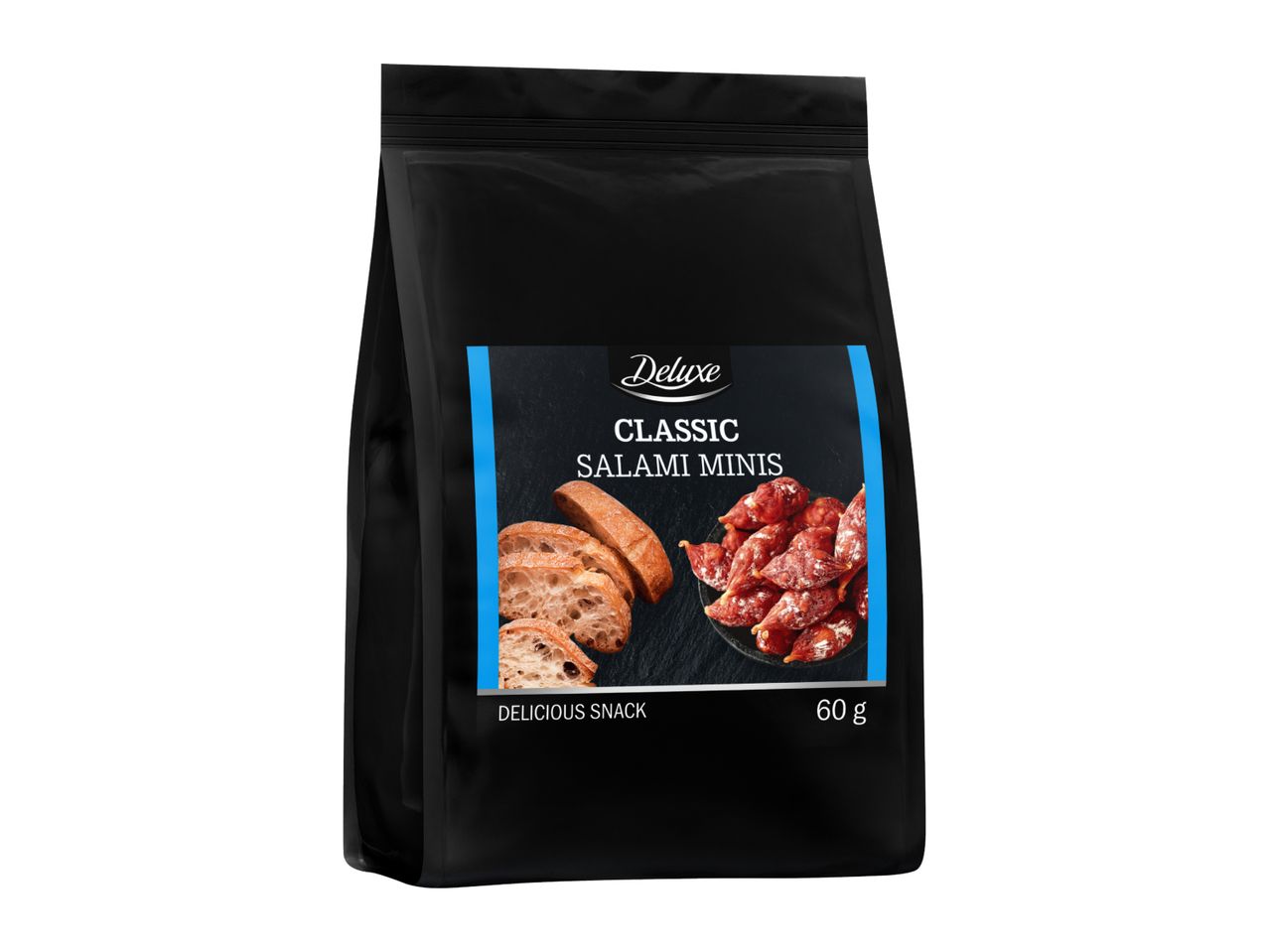 Black snack bag with classic salami minis and sliced bread, 60g.