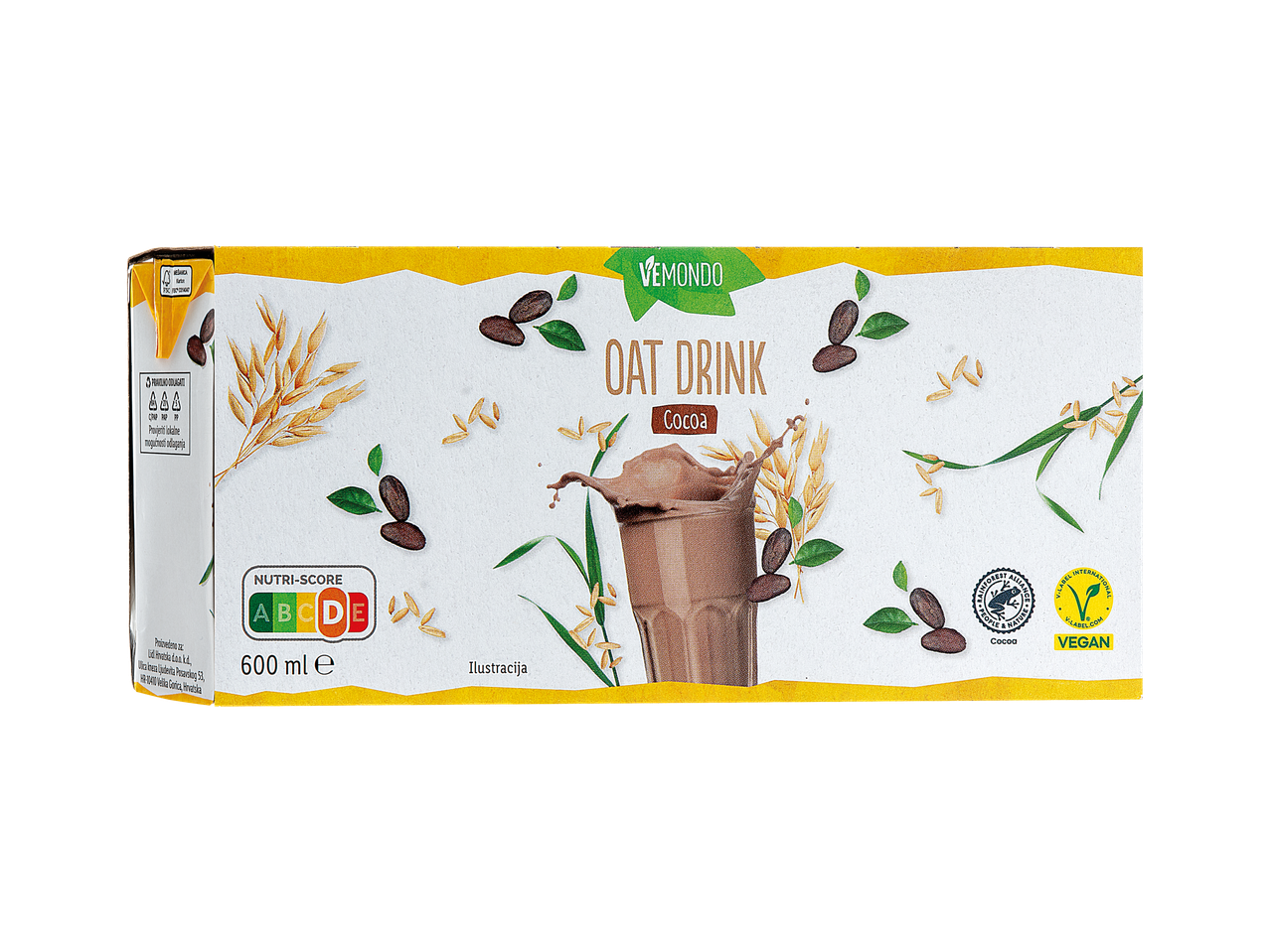 Pakiranje napitka od zobi s kakaom, s oznakama Nutri-Score D i Vegan.