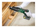 A person using a cordless reciprocating saw to cut a wooden pallet.
