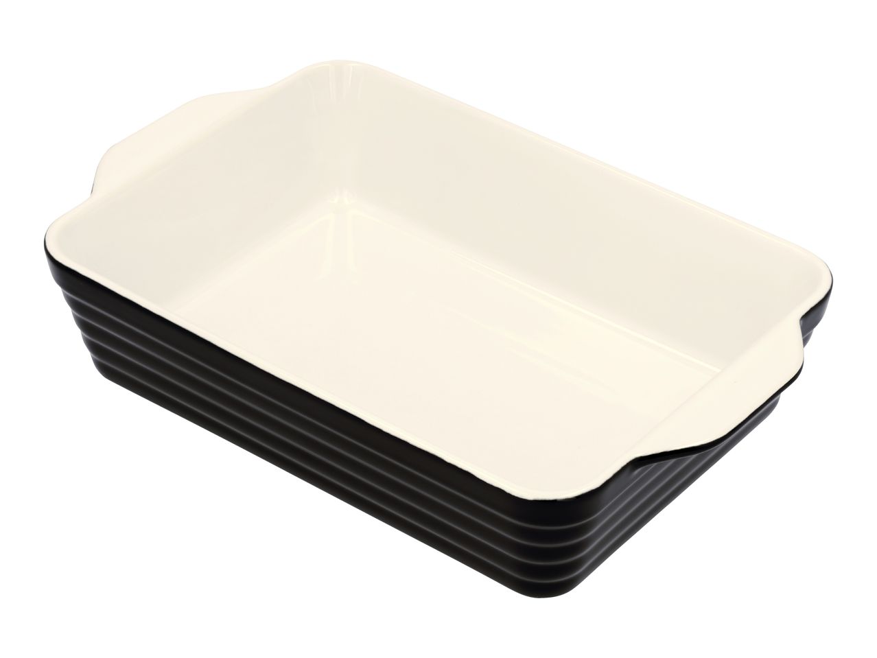 Black and white rectangular ceramic baking dish with ribbed sides