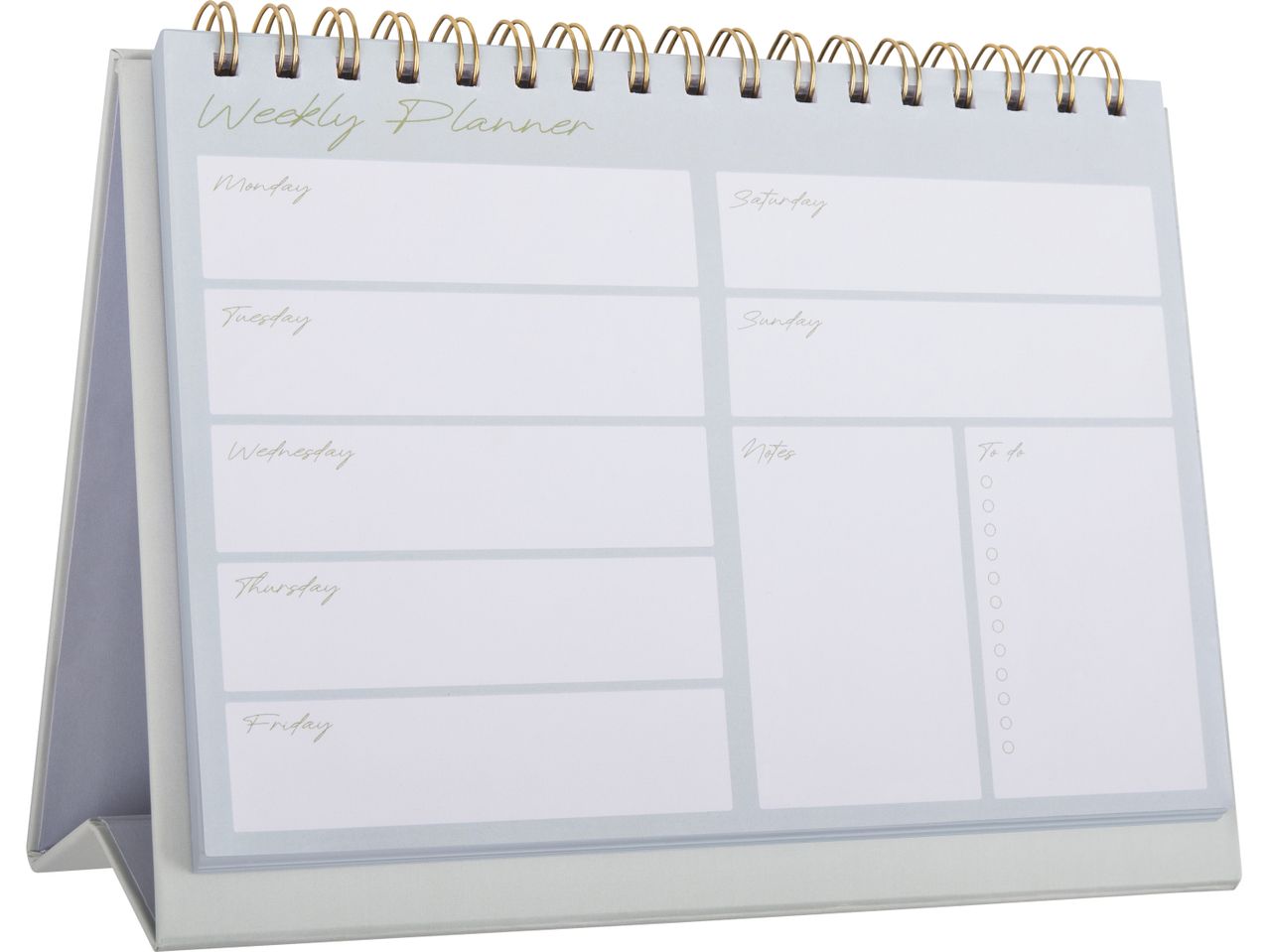 A gray desk calendar with a spiral binding and blank weekly planner pages.