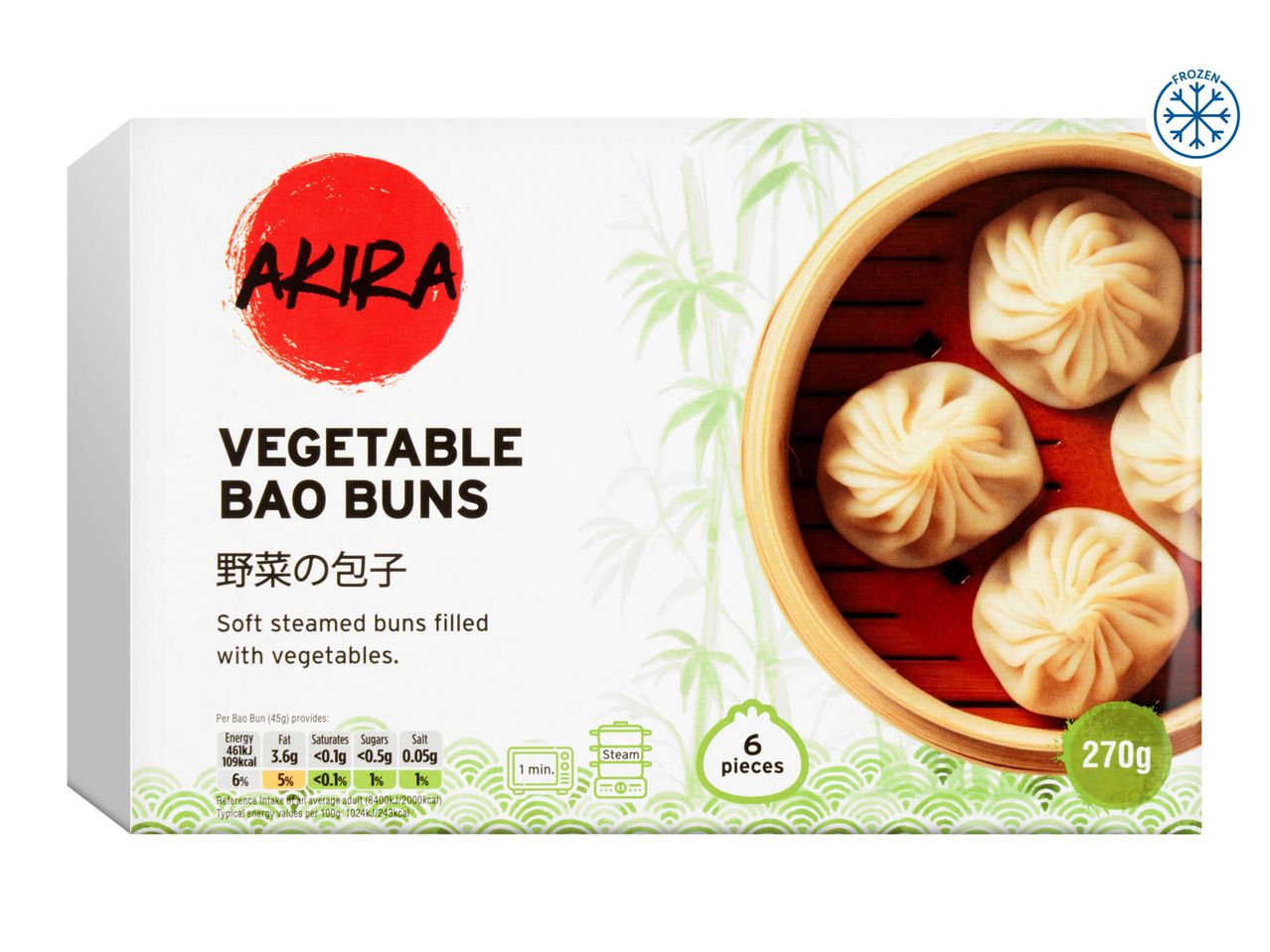 Akira Vegetable Bao Buns: 6 frozen soft steamed buns filled with vegetables, 270g.