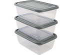Three stackable, clear plastic food storage containers with gray lids.