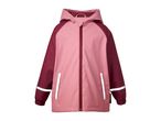 Pink and maroon children's rain jacket with reflective stripes and a hood.