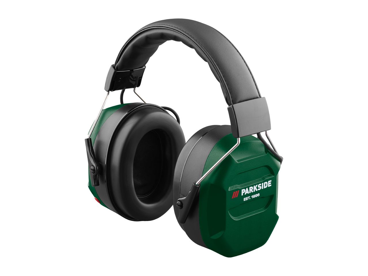 Dark green hearing protection earmuffs with a black padded headband and earcups.