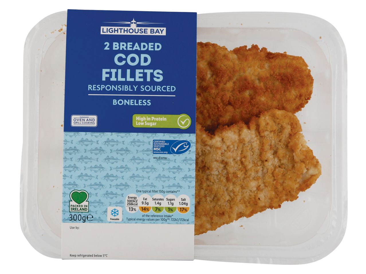 Two Lighthouse Bay breaded cod fillets.