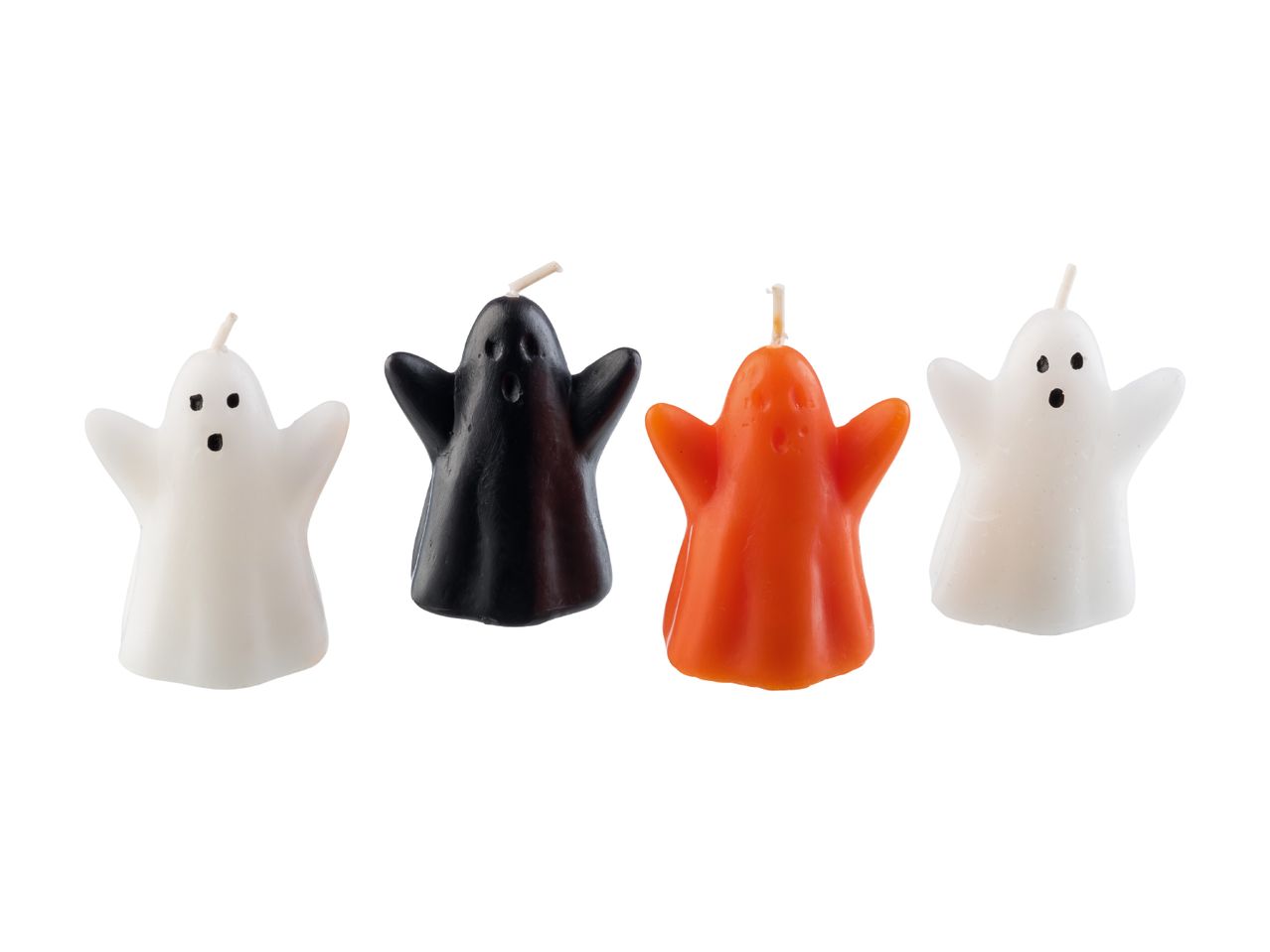 Four ghost-shaped Halloween candles in white, black, and orange colors.