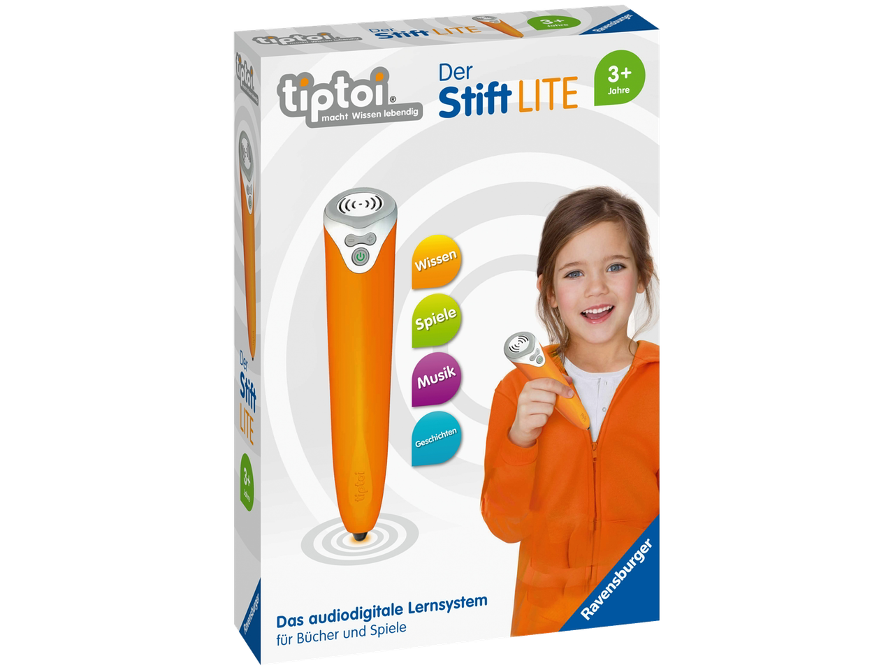 Ravensburger tiptoi®-Stift LITE: ein orangefarbener digitaler Stift für interaktives Lernen, mit lächelndem Mädchen.