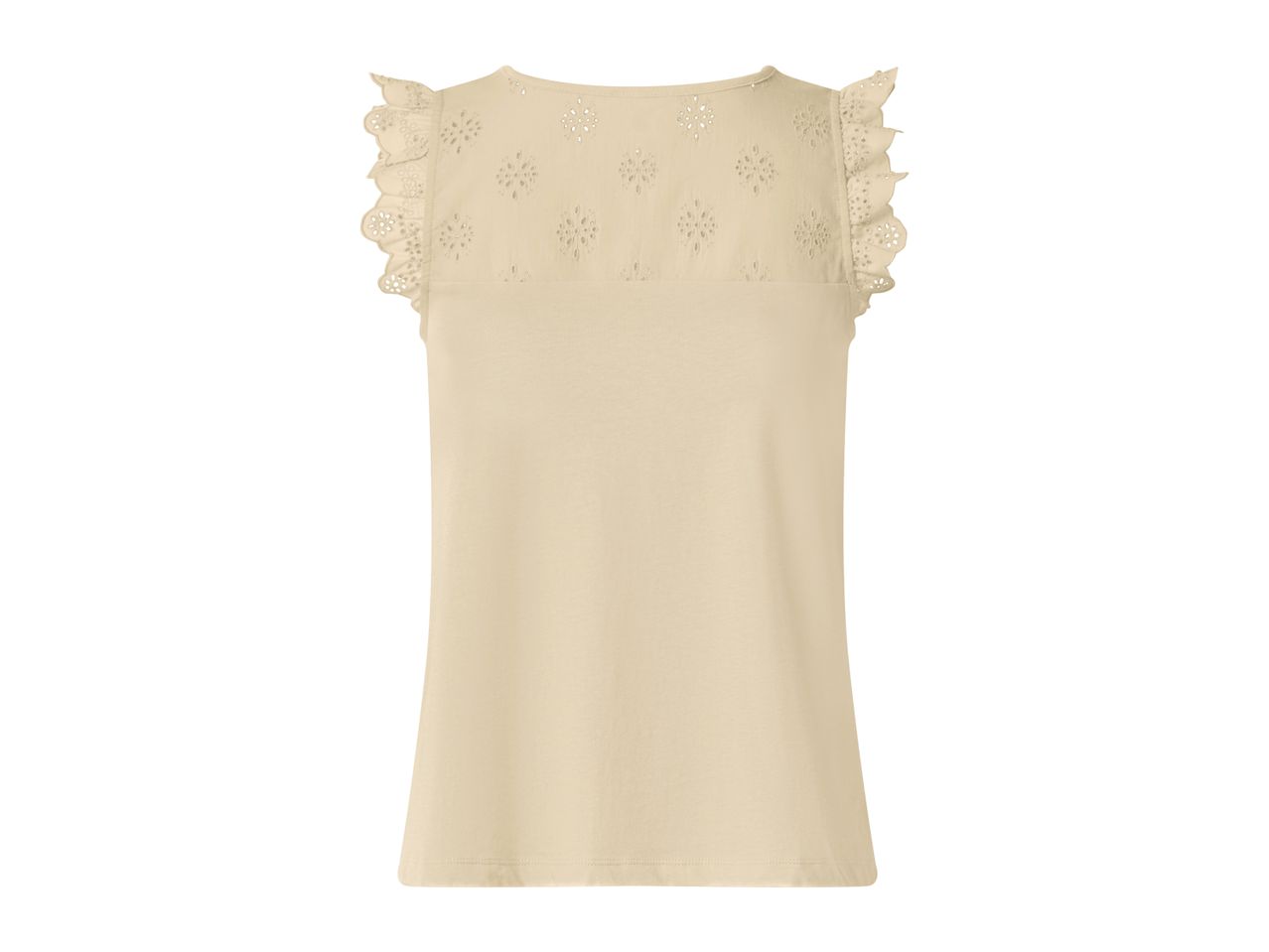 Women's beige top with embroidered details and ruffled sleeves