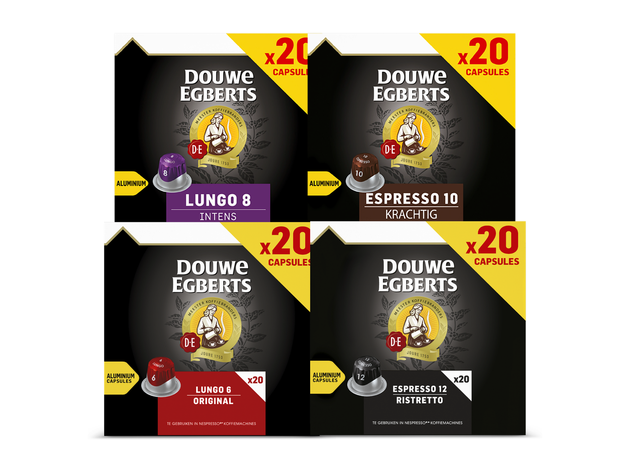 Vier verpakkingen met 20 aluminium koffiecapsules, waaronder Lungo 8 Intens, Espresso 10 Krachtig, Lungo 6 Original en Espresso 12 Ristretto.