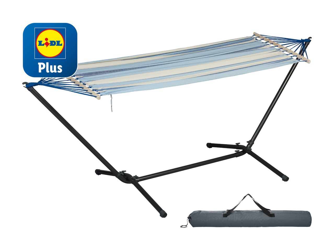 Hamac rayé bleu et beige avec support métallique, Lidl Plus.