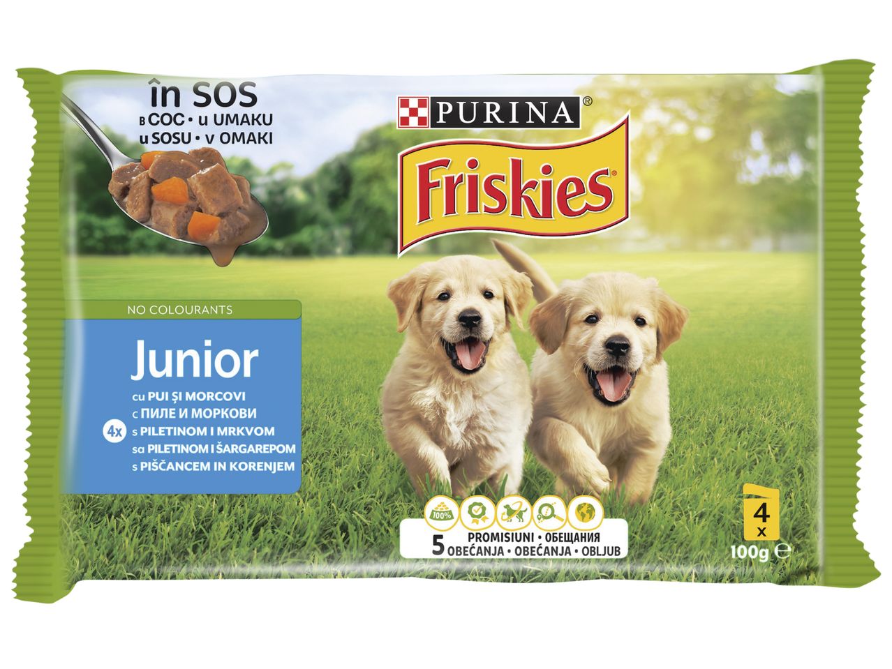 Purina Friskies Junior, Пауч за подрастващи кучета с пиле и моркови, 4 x 85 g/опаковка