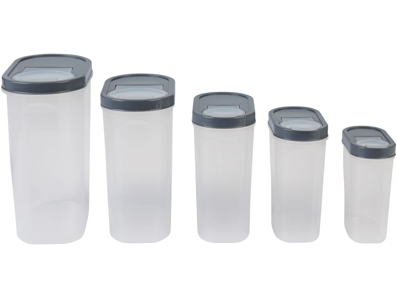 Set di cinque contenitori ermetici trasparenti con coperchi grigi.