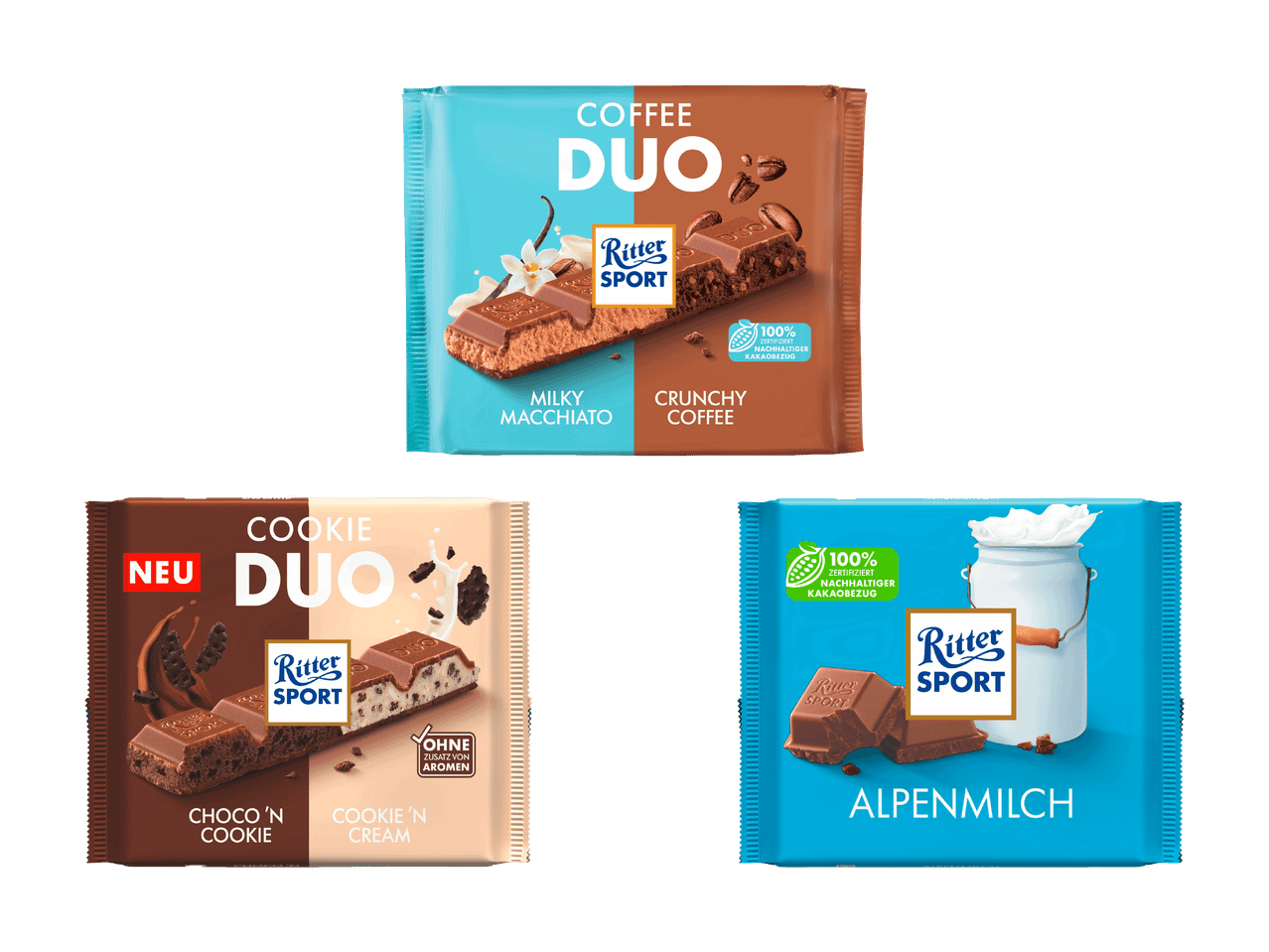 Drei Schokoladenriegel: Kaffee Duo, Keks Duo und Alpenmilch, alle mit nachhaltigem Kakao.