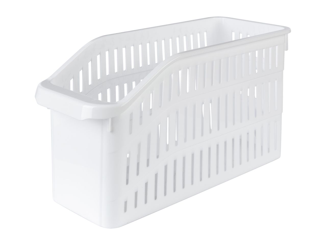 A white plastic storage basket with a divided interior.