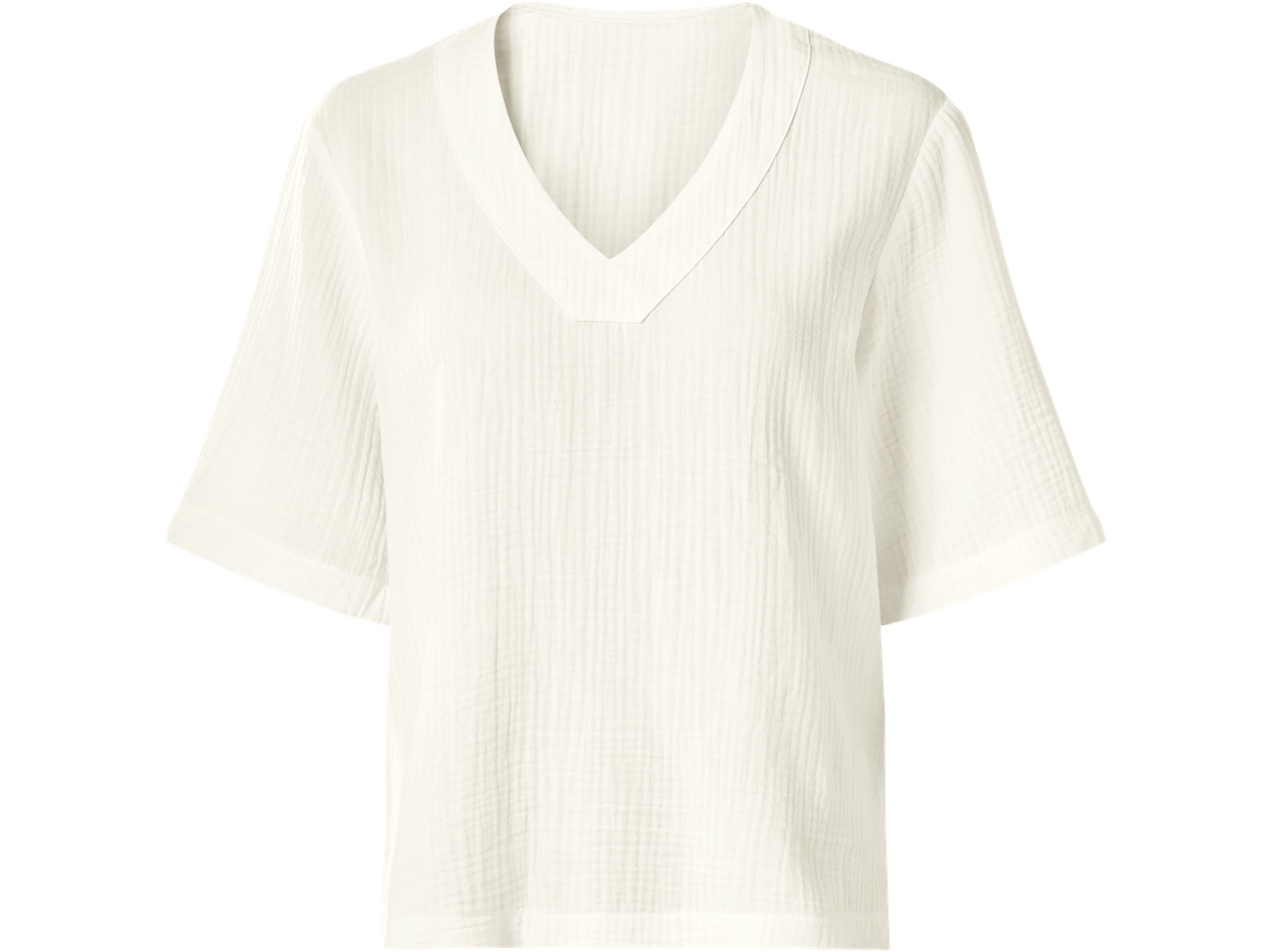 ESMARA női krémszínű muszlin felső V-nyakkivágással és rövid ujjakkal.