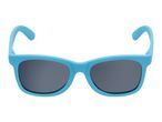 Front view of a pair of blue children's sunglasses with dark lenses.