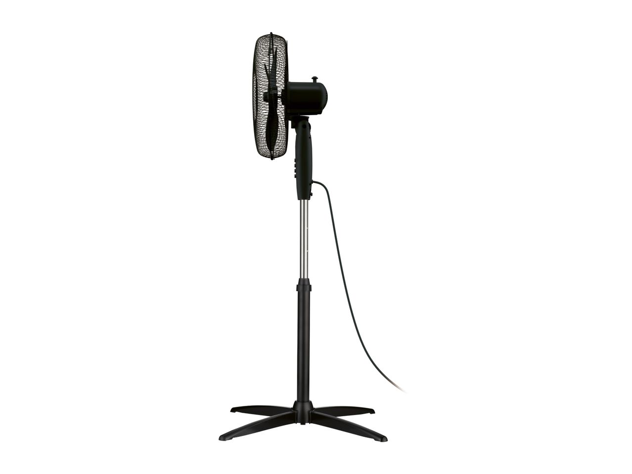 A black pedestal fan with a metal grill.