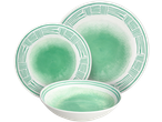 Serviço de mesa TOGNANA: dois pratos e uma tigela com padrão aquarela verde e borda geométrica.