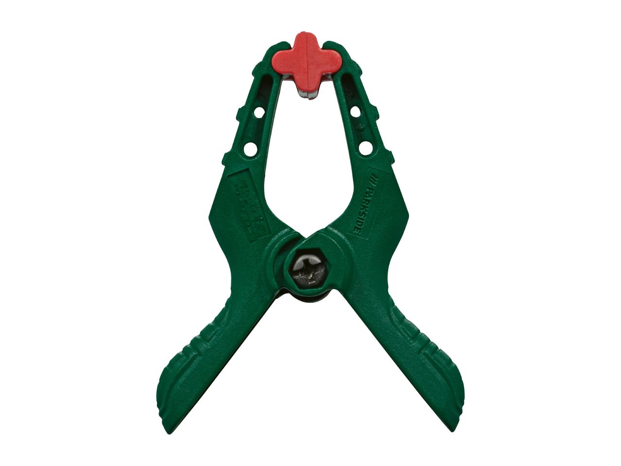 Green spring clamp with a red grip, isolated on a white background.