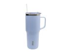 A light purple stainless steel travel mug with a handle and straw.
