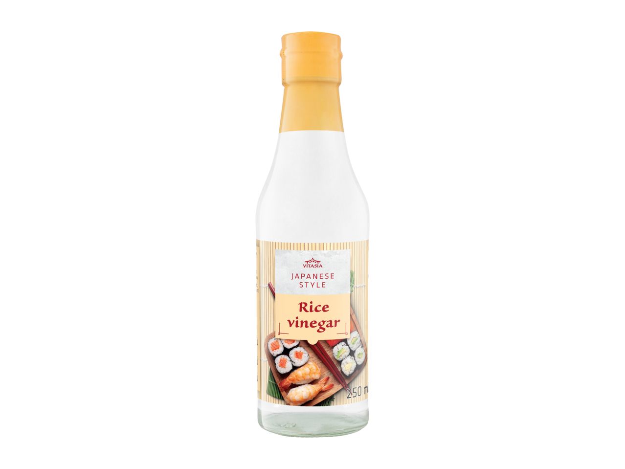 Vitasia Japanese Style Rice Vinegar bottle with sushi and shrimp on the label