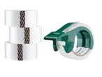 Rotoli di nastro adesivo Parkside impilati e dispenser verde.