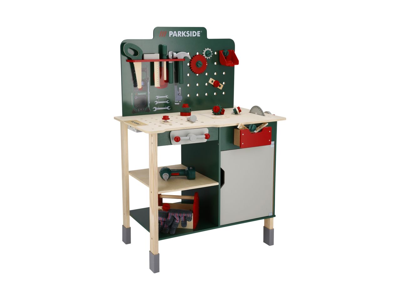A green and light wood toy workbench with various tools and accessories.