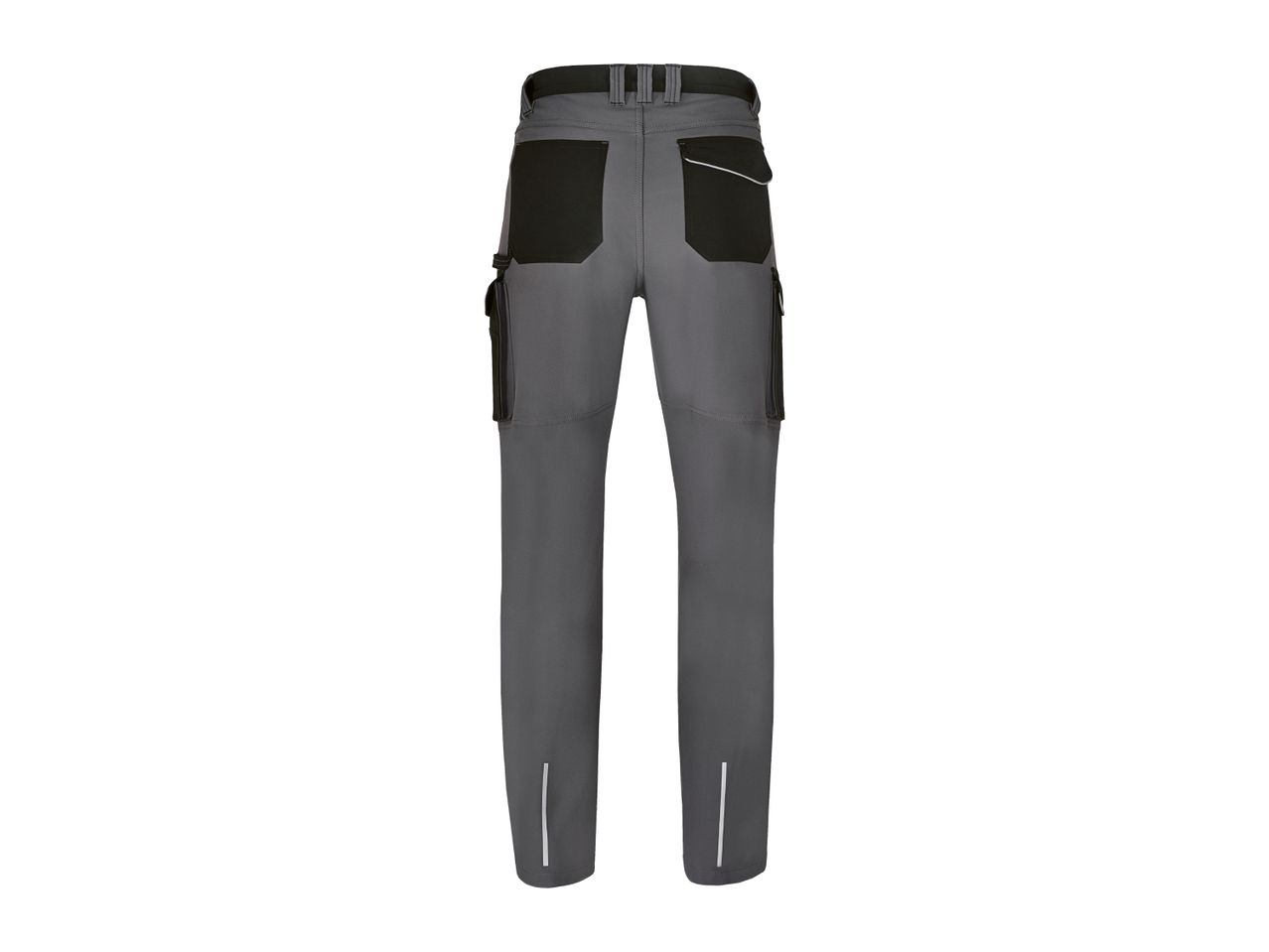 Grey work trousers with black pockets and reflective stripes, back view.