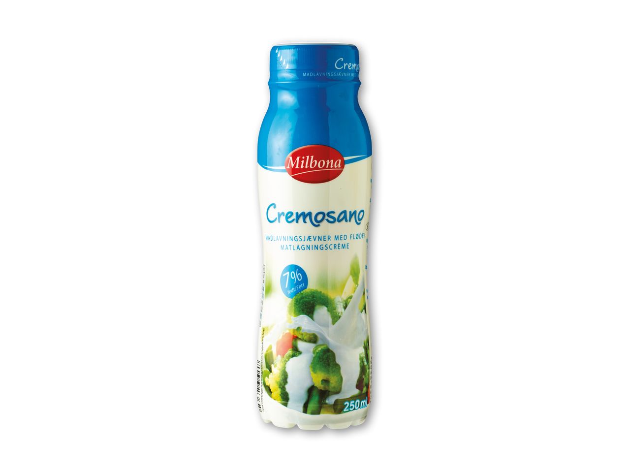 Milbona Cremesano madlavningsfløde med 7% fedt i en 250 ml flaske.