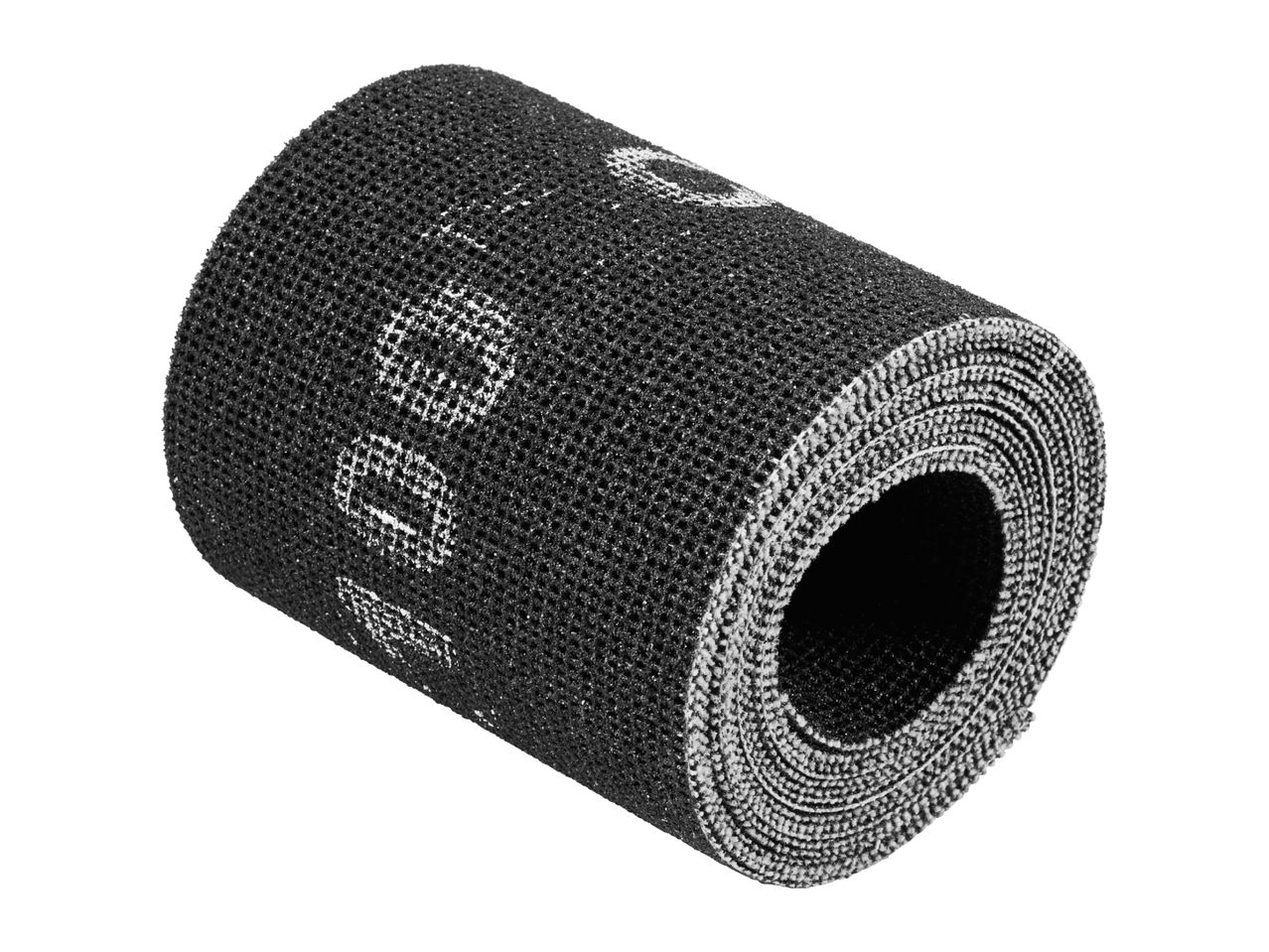 Black sanding mesh roll with '100' grit marking, coiled on a white background.