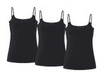 Tre sorte camisole-toppe med tynde stropper.