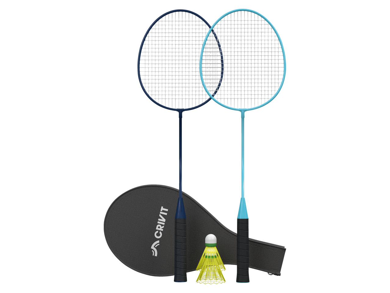Crivit badmintono raketės, kamuoliukai ir dėklas.