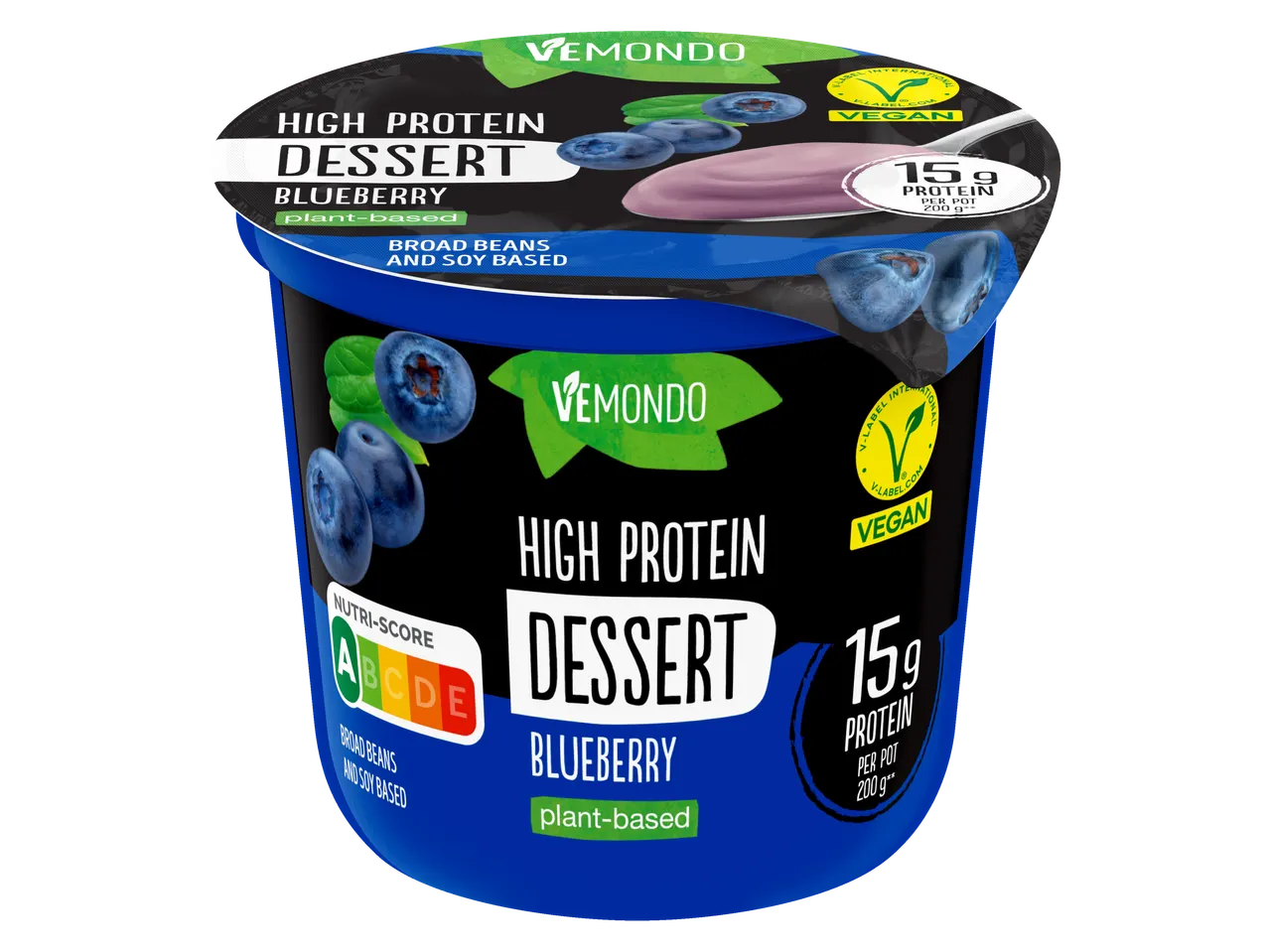 VEMONDO High Protein Bosbessen plantaardig dessert, 15g eiwit per pot, 200g.