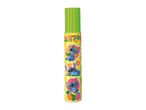 Green glue stick with a yellow label featuring three cartoon blue creatures and tropical fruits.