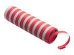 Red and white striped party popper with a red streamer uncurling.