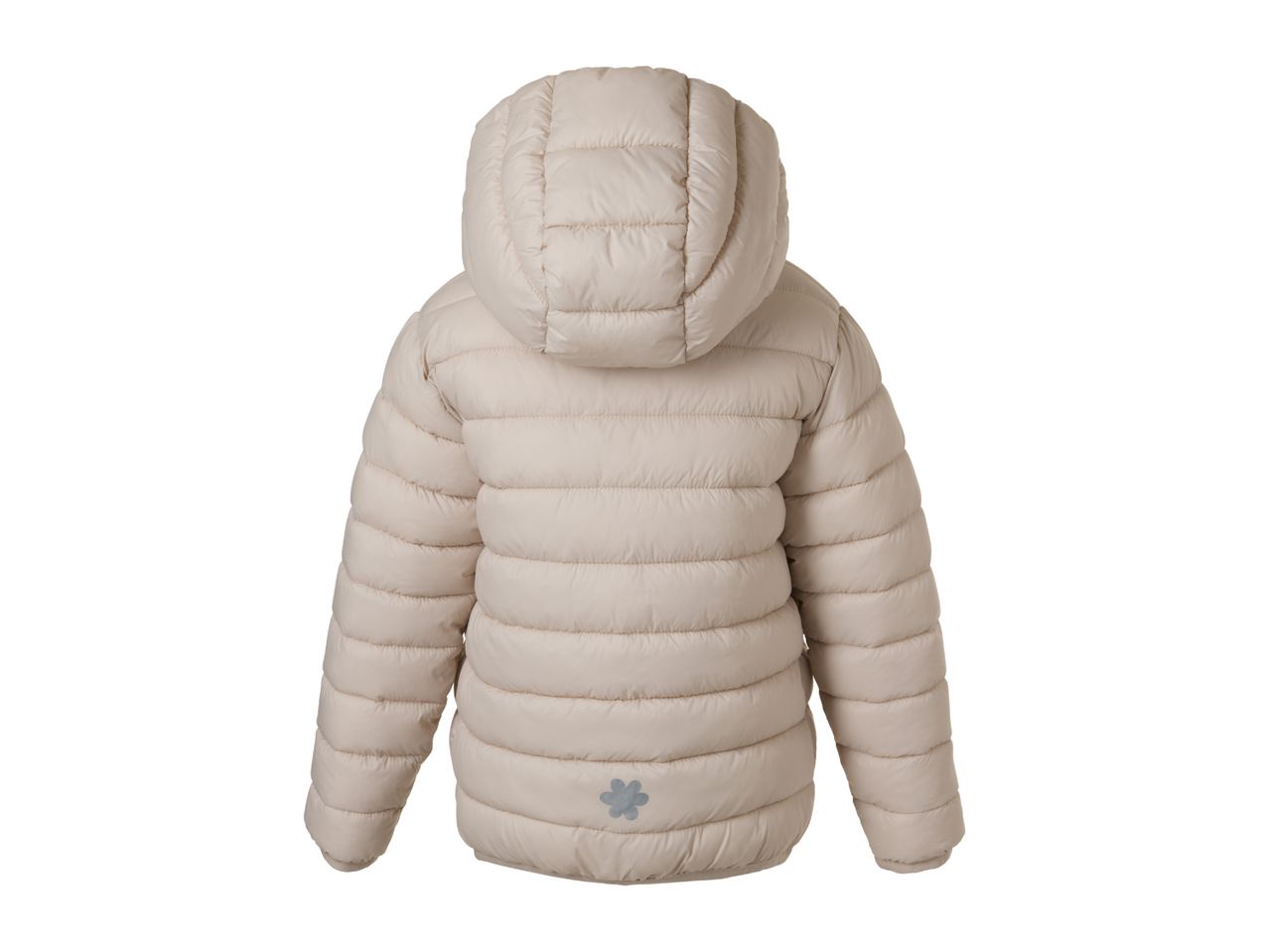 Back view of a beige children's puffer jacket with a hood and a small flower emblem.