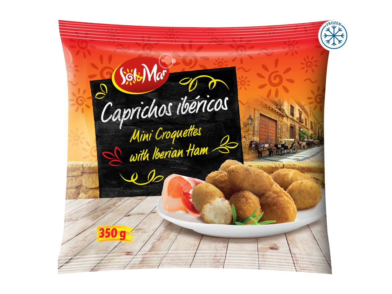 Frozen mini croquettes with Iberian ham on a white plate, on a wooden surface.
