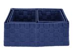 Navy blue fabric storage baskets with dividers.