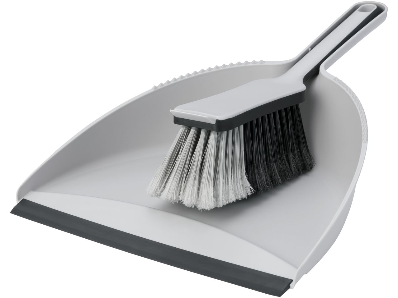 A gray dustpan and brush set.