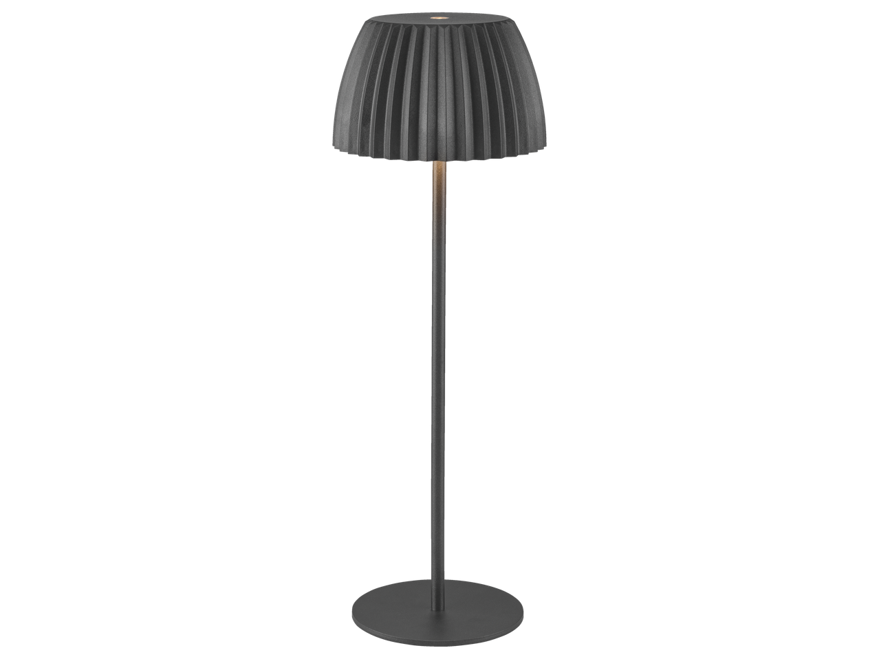 LIVARNO home baterijomis maitinamas LED toršeras su pilku klostuotu gaubtu.