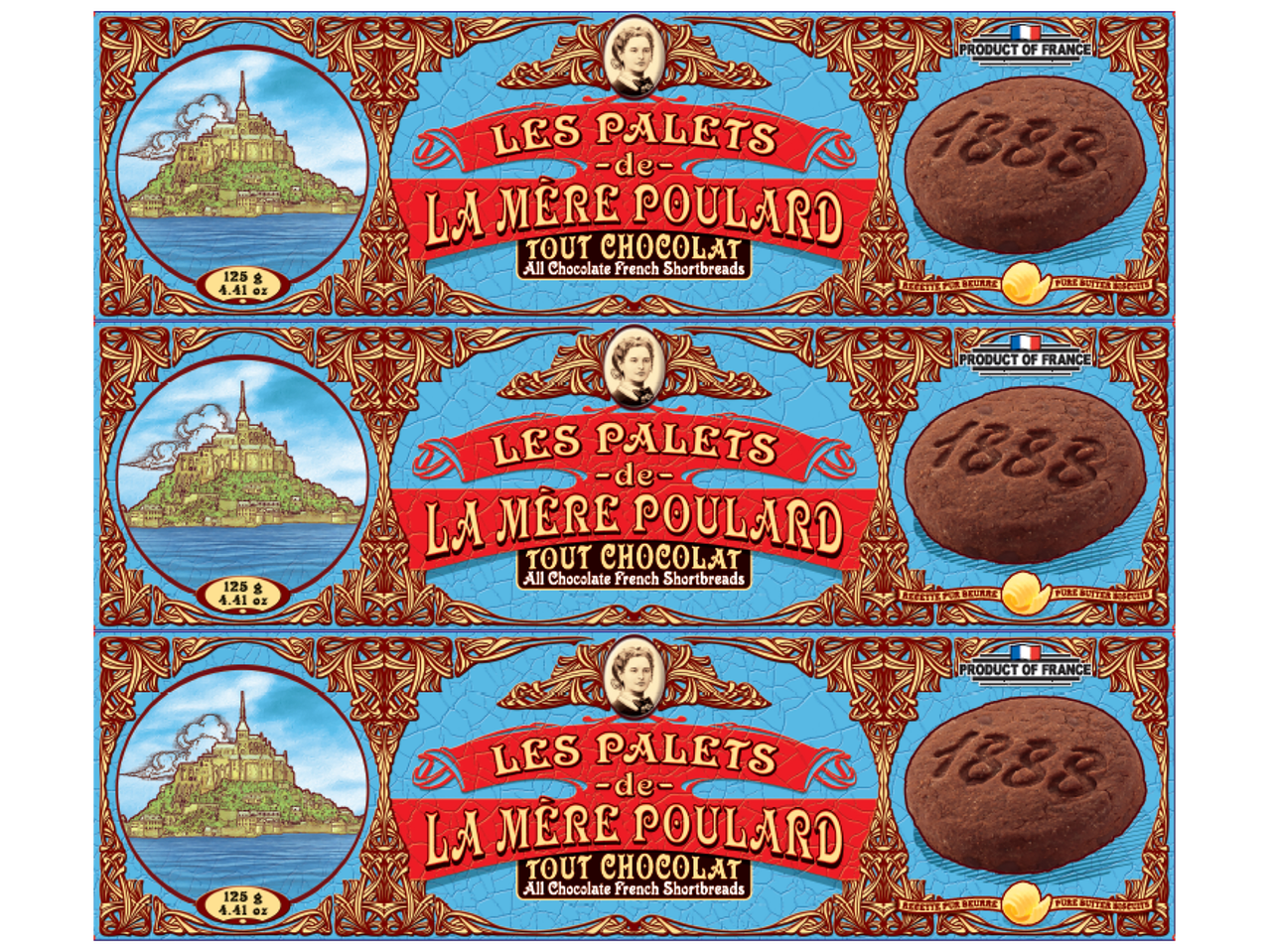 Trois paquets de biscuits sablés français au chocolat, avec un château médiéval et une femme sur l'emballage.