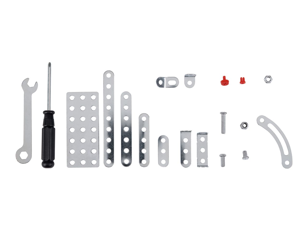 Metal construction toy set with tools and various parts.