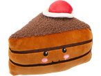 A plush slice of chocolate cake with a red cherry on top and a cute embroidered face.