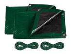 Three green tarpaulins with grommets and two coiled green ropes