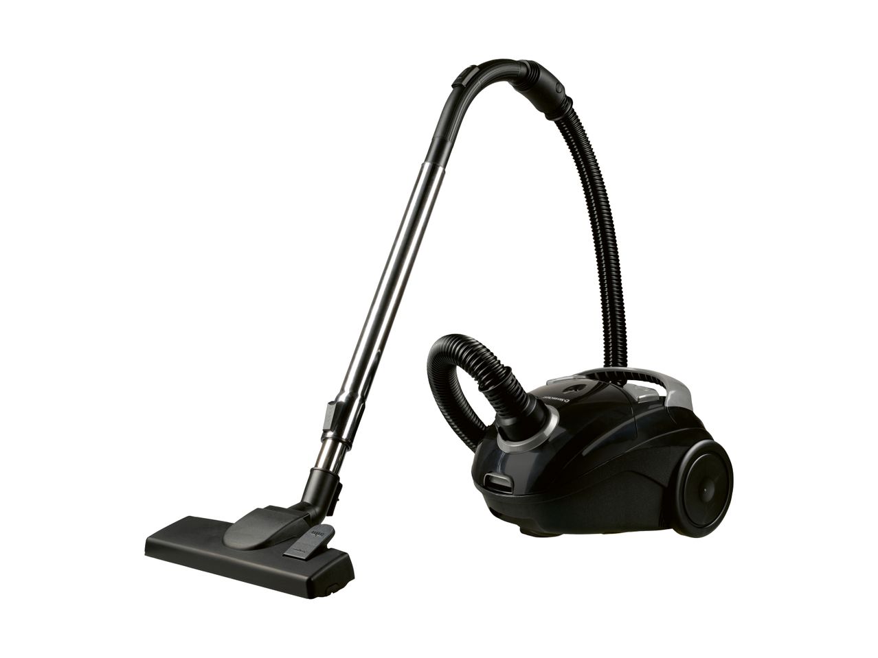 Black cylinder vacuum cleaner with a silver telescopic tube and floor nozzle.
