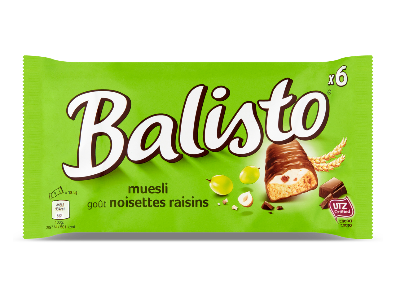 Groene verpakking van mueslirepen met hazelnoot- en rozijnensmaak, met 6 stuks.
