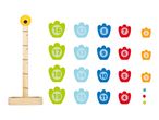 Wooden counting toy with numbered pieces in various colors and a vertical stand.