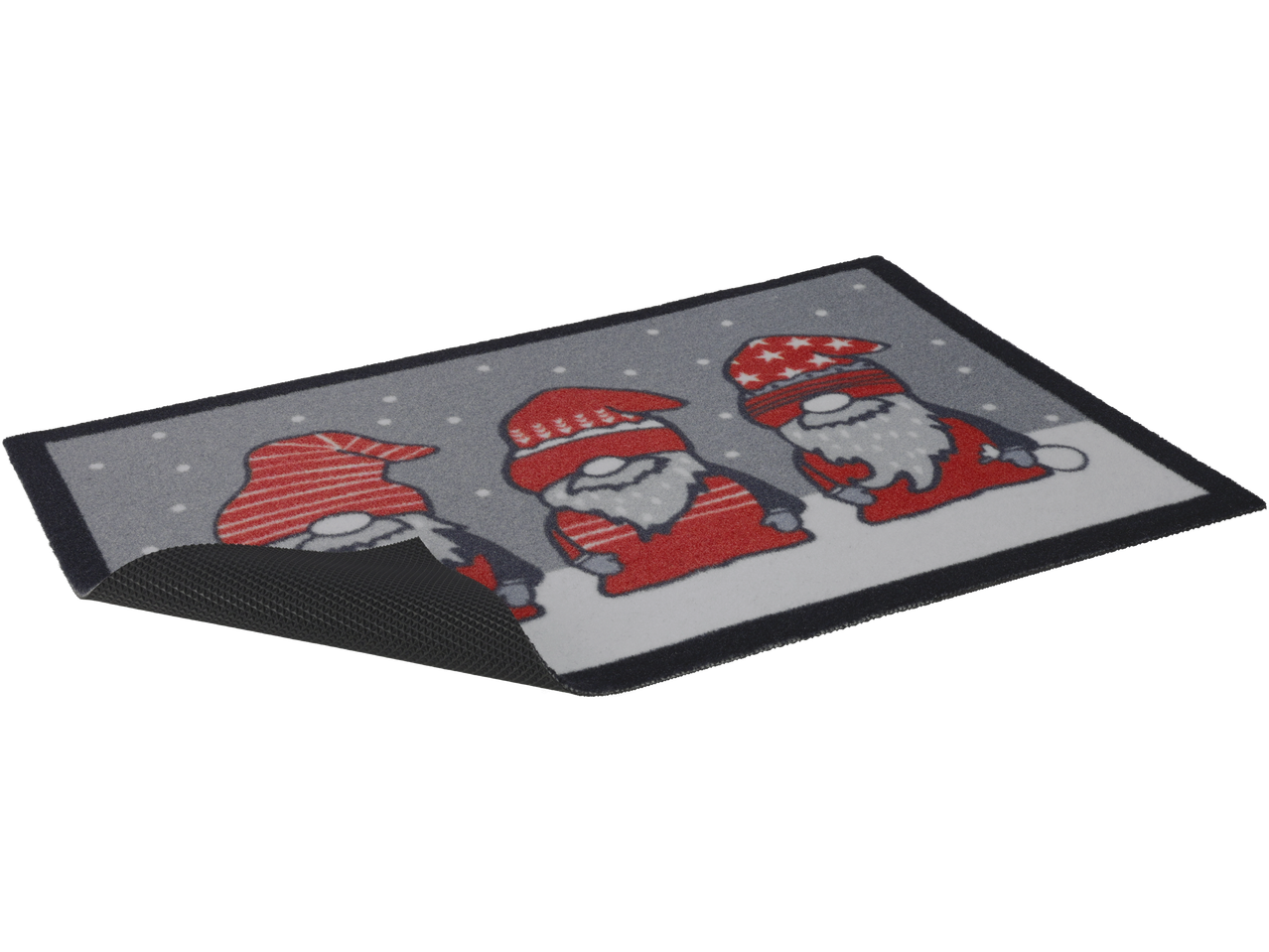 LIVARNO home Tapete de Entrada: Pilkas kilimėlis su trimis nykštukais raudonomis kepurėmis.